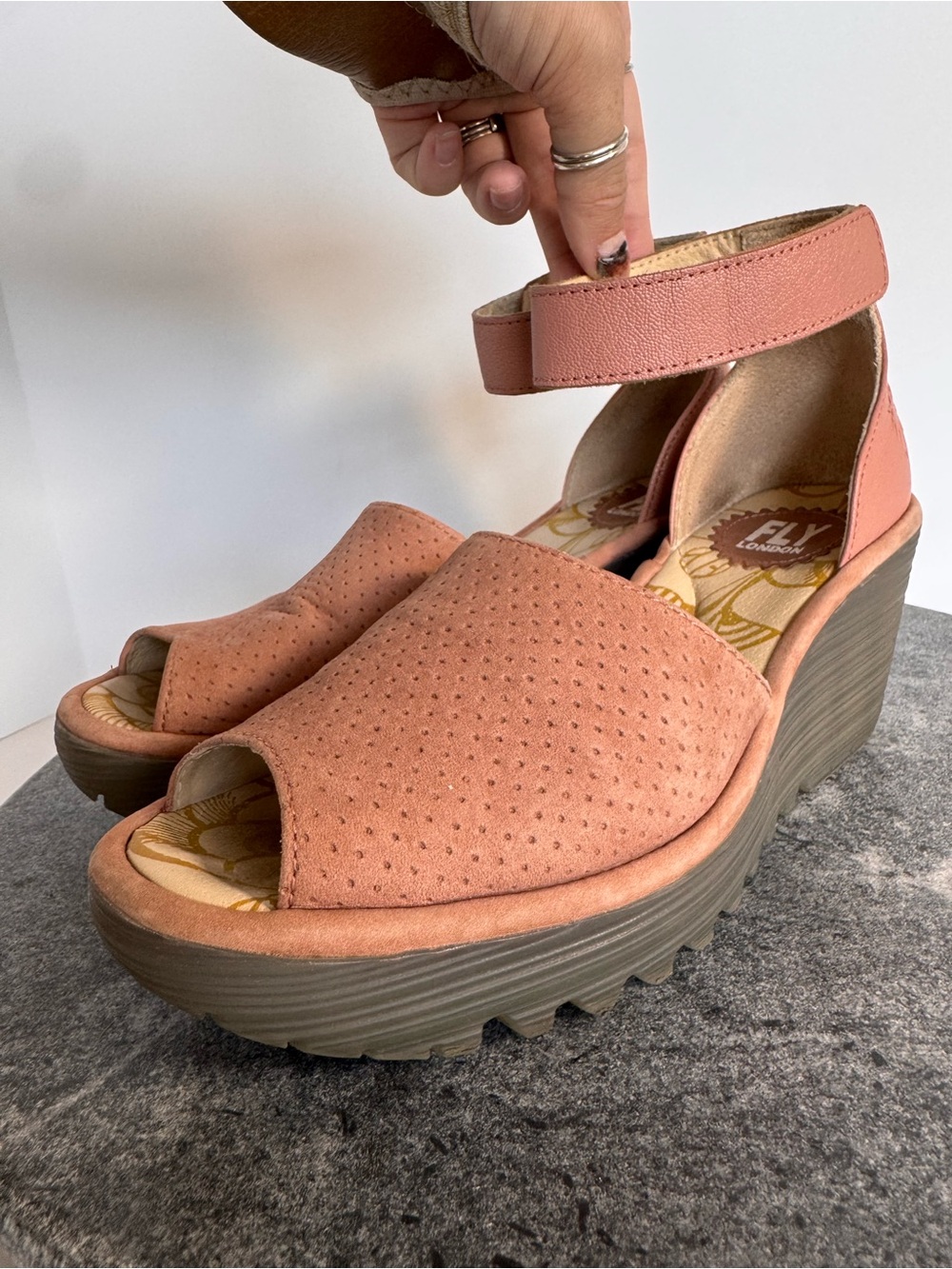 Fly London Yake Rose Perforated Leather Wedge Heels 37
